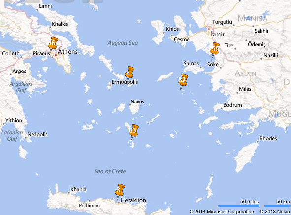 a map of the 3 day cruise from Piraeus